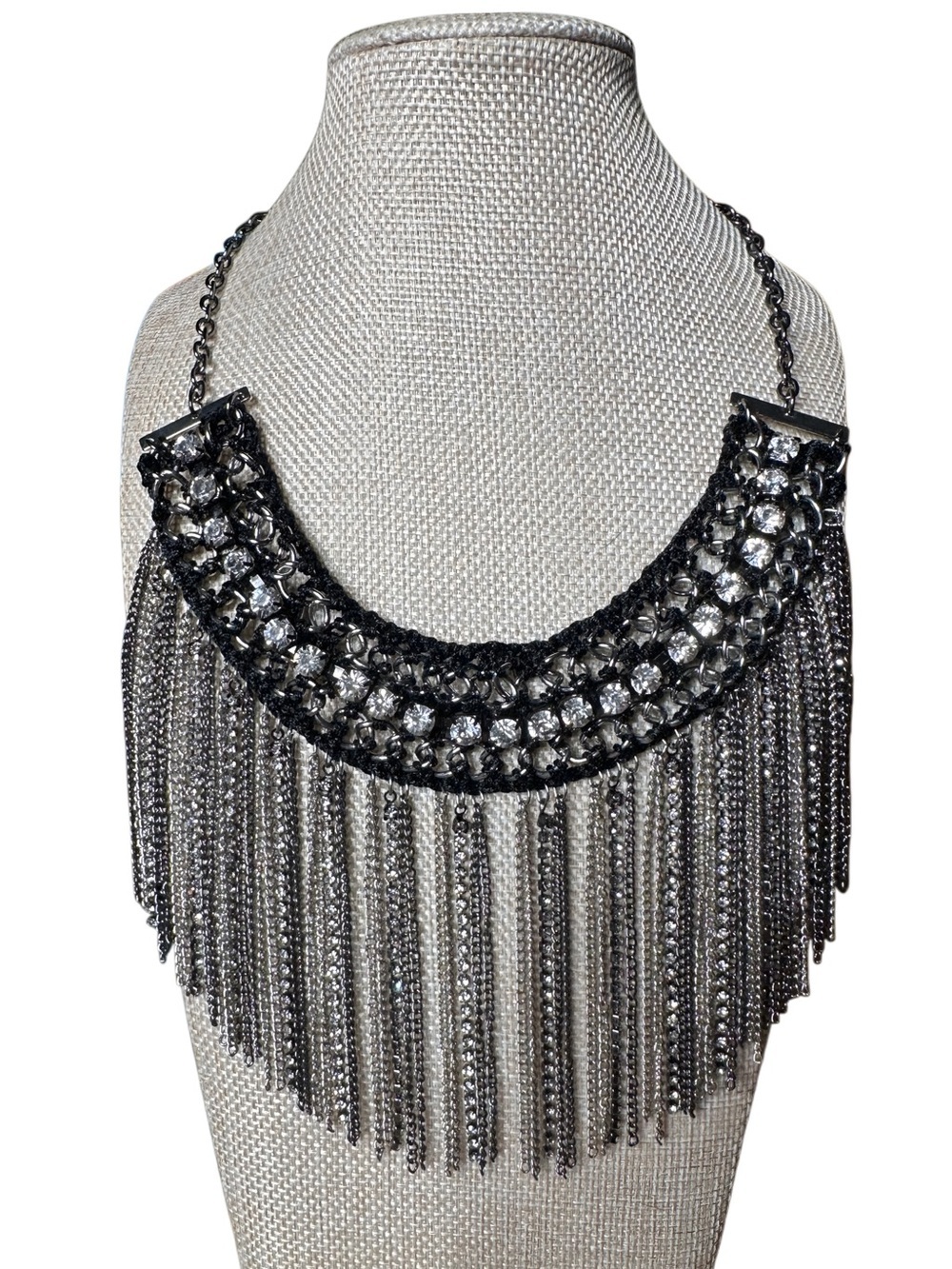 Statement Fringe Crystal Bib Necklace - Black Silver